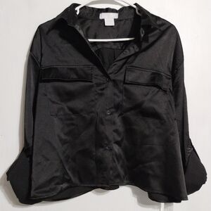 Life Black Satin Button-Up Shirt Size (L)